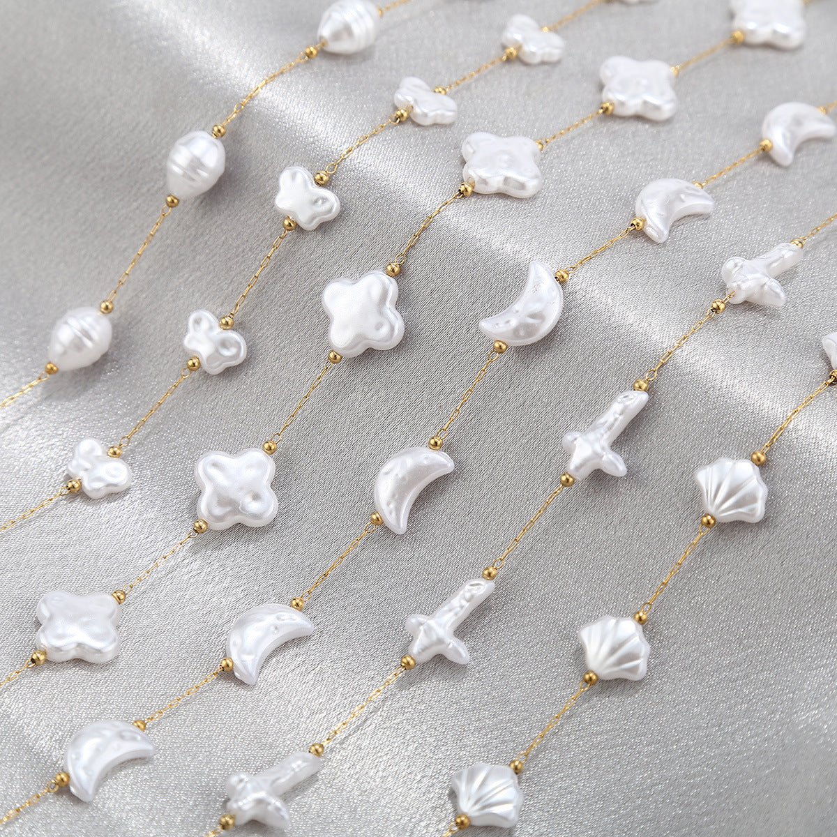 WT-STS020 Newest Fashion Artificial Pearl Flower Cross And Shell Moon Shape Stainless Steel Chain For Lady Bracelet Making