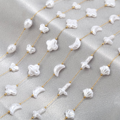 WT-STS020 Newest Fashion Artificial Pearl Flower Cross And Shell Moon Shape Stainless Steel Chain For Lady Bracelet Making