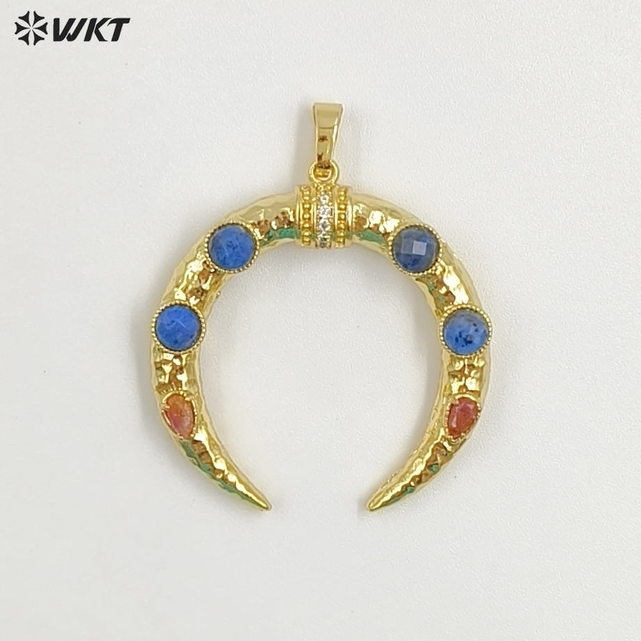 WT-P2050 Delicate 18K Gold Plated Zircon And Lapis Multi Gemstones Horn Shape Pendants For Women DIY Jewelry Accessories