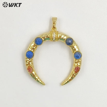 WT-P2050 Delicate 18K Gold Plated Zircon And Lapis Multi Gemstones Horn Shape Pendants For Women DIY Jewelry Accessories