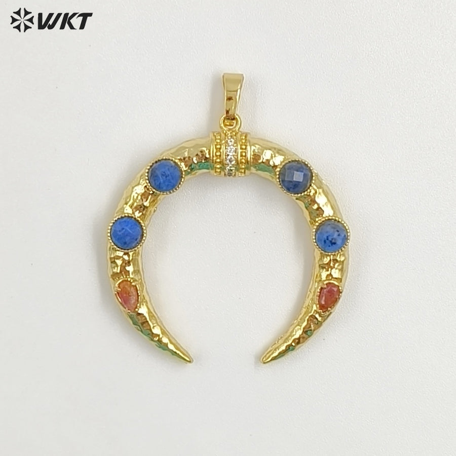 WT-P2050 Delicate 18K Gold Plated Zircon And Lapis Multi Gemstones Horn Shape Pendants For Women DIY Jewelry Accessories