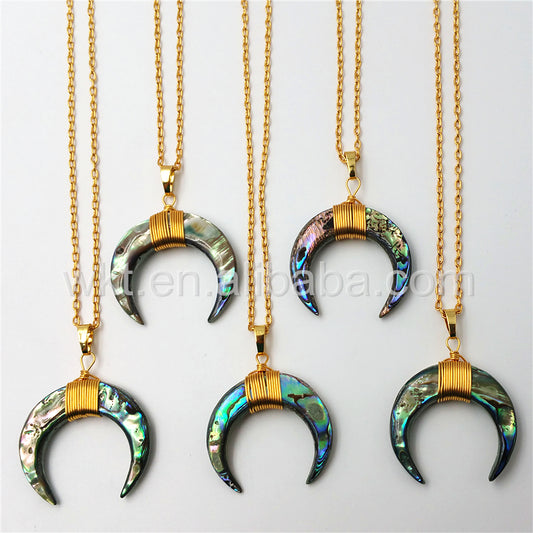 WT-N810 Wholesale Handmade Wire Wrapped Charm Abalone Shell Necklace Natural Crescent Abalone Shell Pendant Necklace