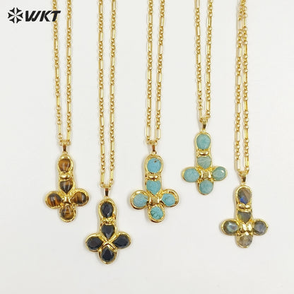 WT-N1495 Newest Wonderful Amazonite Natural Gemstone Back Full Gold Plated Cross Shape Pendant Necklace Fashion Jewelry