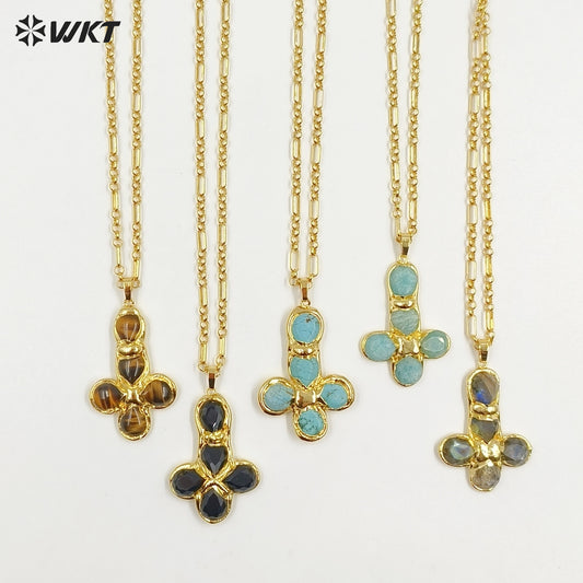 WT-N1495 Newest Wonderful Amazonite Natural Gemstone Back Full Gold Plated Cross Shape Pendant Necklace Fashion Jewelry