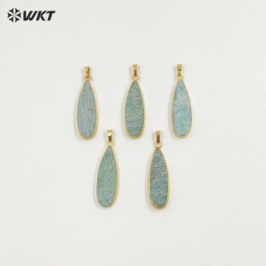 WT-P1889 Wholesale Fashion 18k Real Gold Plated Double Flat Natural Amazonite Pendant Fashion Long Waterdrop Stone Pendants
