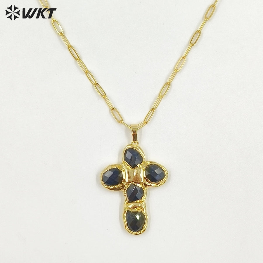 WT-N1543 Factory Wholesale High Quality 18K Gold Plated Natural Gemstone Cross Shape Pendant Necklaces As Women Trendy Jewelry