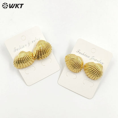 WT-MPE134 Newest 18K Full Gold Plated Vintage Bohemian Natural Full Gold Dipped Sea Scallop Shell Women Earring Studs