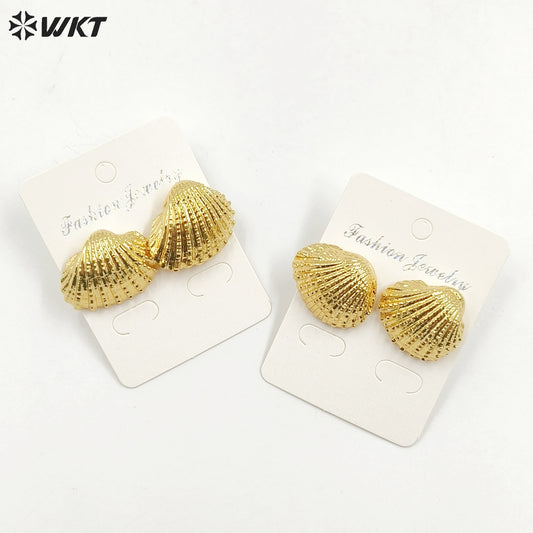 WT-MPE134 Newest 18K Full Gold Plated Vintage Bohemian Natural Full Gold Dipped Sea Scallop Shell Women Earring Studs