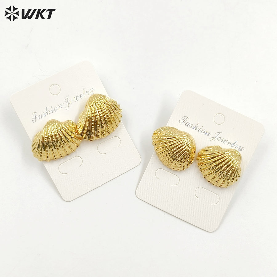 WT-MPE134 Newest 18K Full Gold Plated Vintage Bohemian Natural Full Gold Dipped Sea Scallop Shell Women Earring Studs