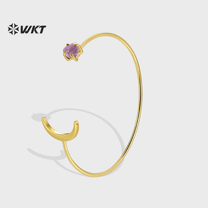 WT-MB130 Resist Tarnishable Elegant Women Bangle Moon Shape With Amethyst and Zircon Gold Color Fashion Jewelry High Quality