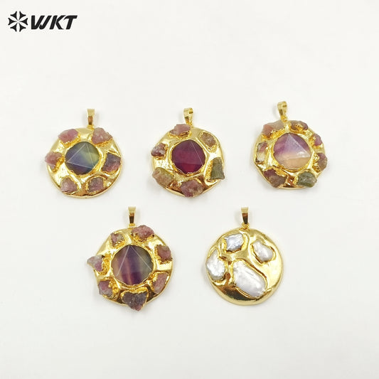 WT-P1942 Hot Sale Fashion Design Colorful NaturalTourmaline/Fluorite/Biwa Pearl High Quality for Necklace Round Pendant
