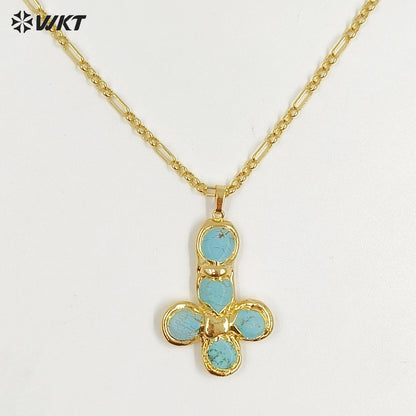 WT-N1495 Newest Wonderful Amazonite Natural Gemstone Back Full Gold Plated Cross Shape Pendant Necklace Fashion Jewelry