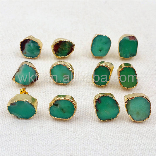 WT-E263 Wholesale Natural Precious Chrysoprase Jade Studs Earrings, 24K Gold Plated Australia Chrysoprase Studs Earrings