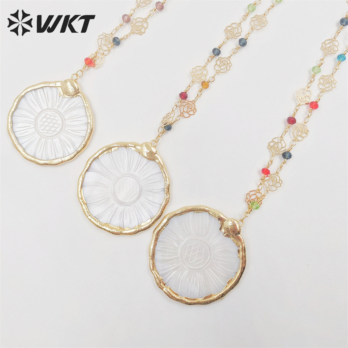 WT-JN216 Amazing Beauty White Sunflower Shell Necklace Natural White Shell Made Flower Charm Beads Necklace for Gift