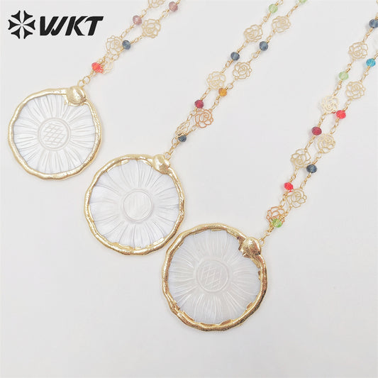 WT-JN216 Amazing Beauty White Sunflower Shell Necklace Natural White Shell Made Flower Charm Beads Necklace for Gift