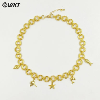 WT-JFN46 Wholesale Amazing Gold Plated Double Circles Chain With Cute Shell Charms Necklace For Women Seaside Vacation Gift