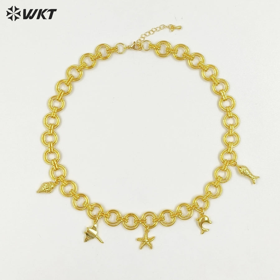 WT-JFN46 Wholesale Amazing Gold Plated Double Circles Chain With Cute Shell Charms Necklace For Women Seaside Vacation Gift