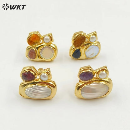 WT-MPR083 Newest Exclusive WKT Design 18k Real Gold Plated Resist Tarnishable Multi Stone and Pearl Women Ring in Adjustable