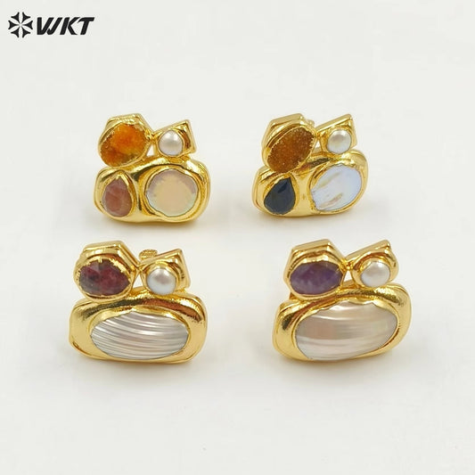WT-MPR083 Newest Exclusive WKT Design 18k Real Gold Plated Resist Tarnishable Multi Stone and Pearl Women Ring in Adjustable