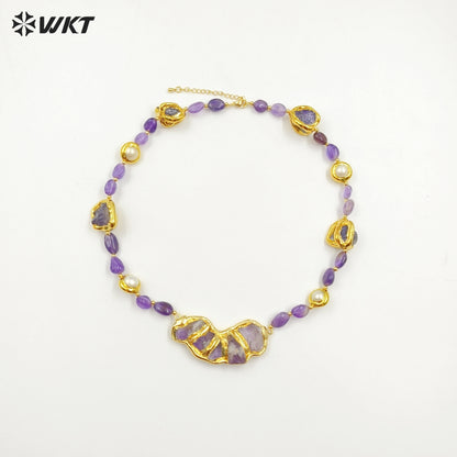 WT-N1464 Gorgeous Unique Gold Plated Natural Chunky Amethyst Beads and Pearl Big Stone Pendant Necklace