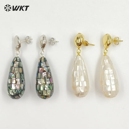 WT-MPE190 Elegant Style Gold Plated Natural Abalone And White Shell Waterdrop Shape Earrings For Lady Daily Decorative Jewelry