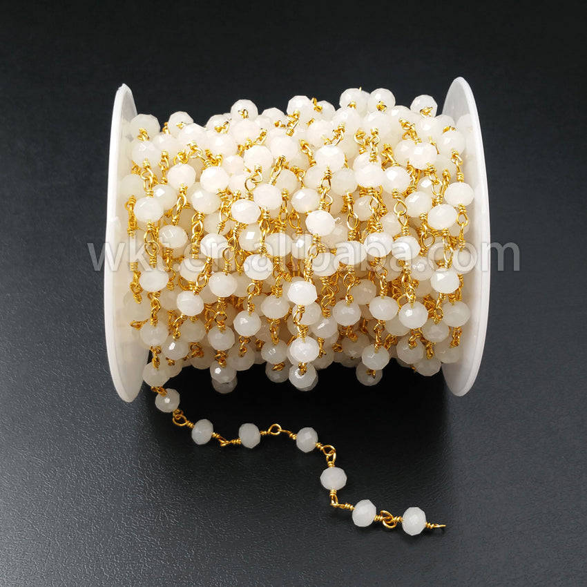 WT-RBC029 New!!! Natural Faceted White Jade Beads With 24k Real Gold Plated Rosary Chain,6mm Jade Link Chain for Jewelry Making