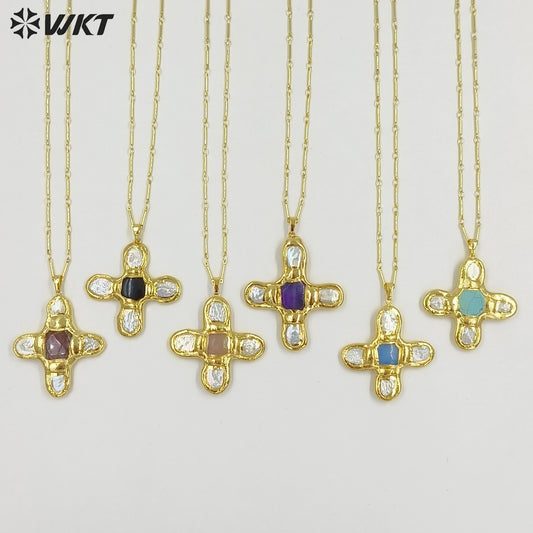 WT-JN169 Wholesale New Fashion Trendy Pearl Cross Shape Turquoises Pendant Necklace Gold Electroplated Necklace Green Stone