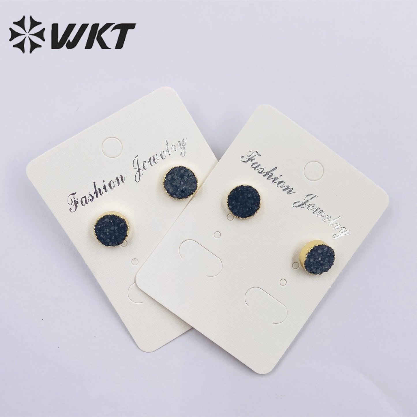 WT-E155 Wholesale Fashion 18k Real Gold Plated Natural Stone Studs Earrings Fashion Women Gold Trim Round Druzy Quartz Studs