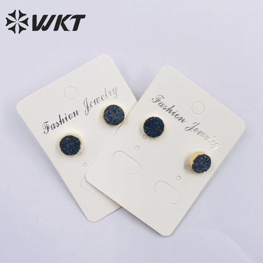 WT-E155 Wholesale Fashion 18k Real Gold Plated Natural Stone Studs Earrings Fashion Women Gold Trim Round Druzy Quartz Studs
