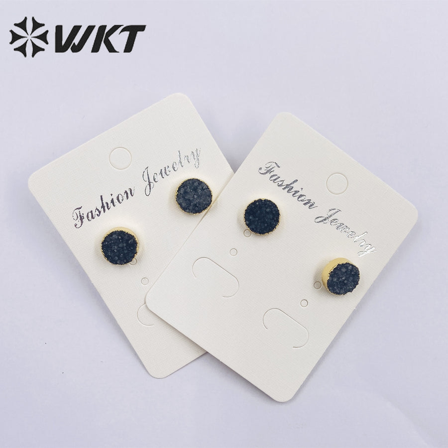WT-E155 Wholesale Fashion 18k Real Gold Plated Natural Stone Studs Earrings Fashion Women Gold Trim Round Druzy Quartz Studs