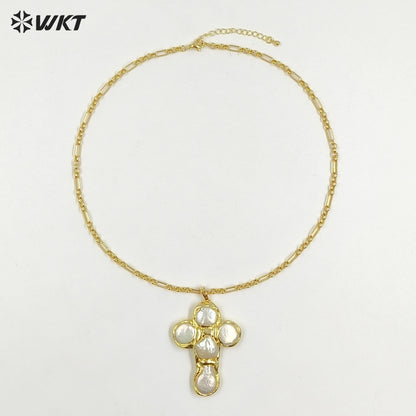 WT-JN330 Luxury Unique Chain With Gold Plated Round Natural Freshwater Pearls Cross Shape Pendant Necklace Wholesale Jewelry