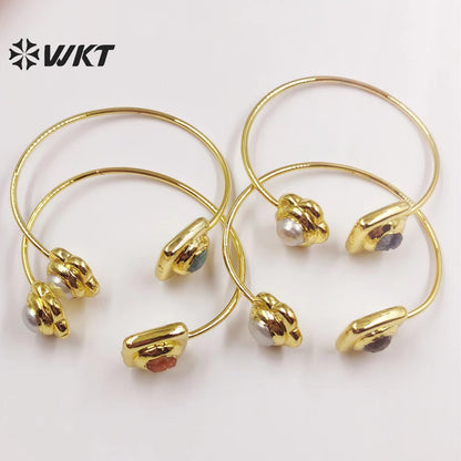 WT-MPB053 Delicate Round Pearl Druzy Quartz Stone Combination Bangles 18k Gold Plated Adjustable Bangles Natural Quartz Bangles