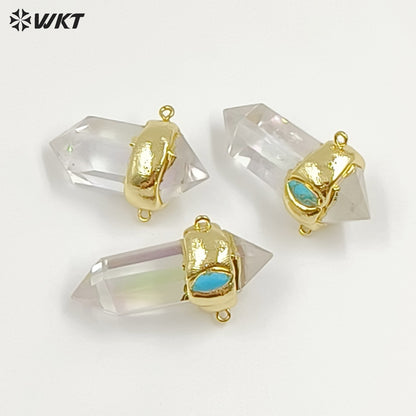 WT-P1552 Most Populared Double Loops Turquoise Charm Natural Crystal Quartz Point Pendant Healing Quartz Point Pendant Jewelry