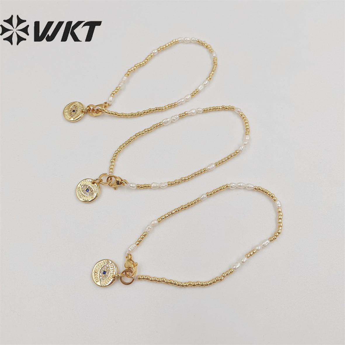 WT-MPB058 WKT Charming Gold Plated Tiny Beads Flexible Bracelet Fashion Micropaved Eye Beads Women Bracelet for Gift