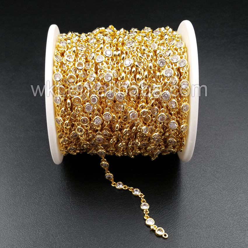 WT-BC081 Wholesale 24k Real Gold Electroplated Brass Chain With Zircon Bead Charm Brass Chain for Jewelry Supply