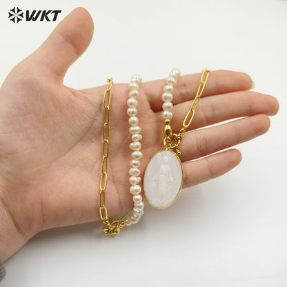 WT-JN128 WKT Unique Amazing Chic Design Women Hand Make Carved Religious Christian Mary Jesus Pendant 18real Gold Shell Necklace