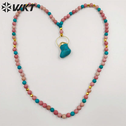 WT-N1410 Newest Fashion Handmade 30 Inch Long Sweater Chain Necklace Women Trendy Hot pink Opal Turquoise Beads Necklace