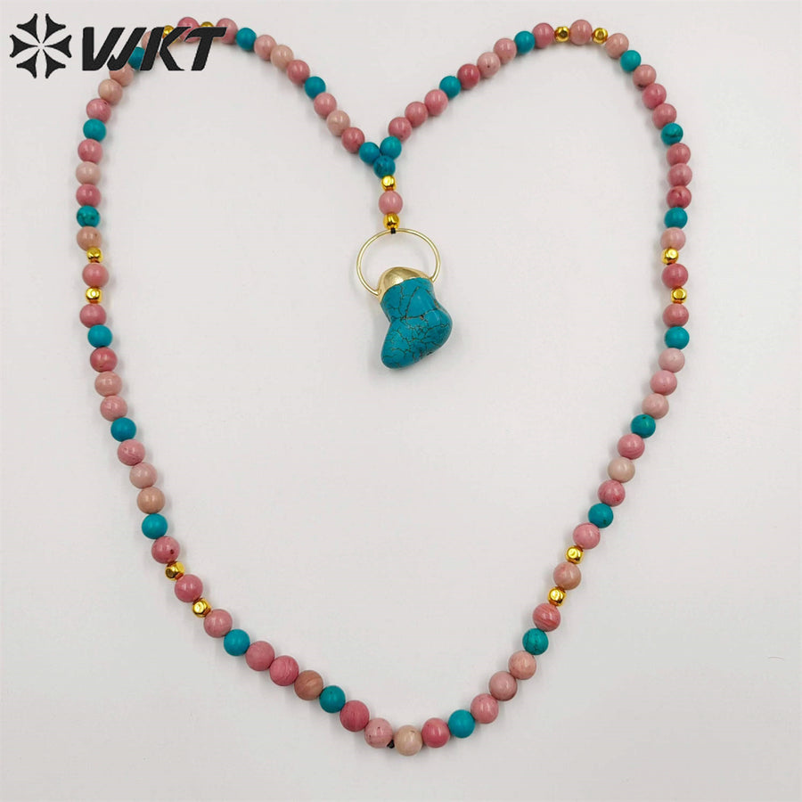 WT-N1410 Newest Fashion Handmade 30 Inch Long Sweater Chain Necklace Women Trendy Hot pink Opal Turquoise Beads Necklace