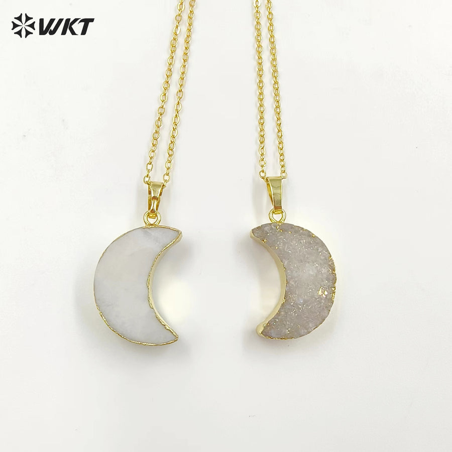 WT-N541 Lovely Natural Crystal Quartz Angel Druzy Crescent Moon Necklace with Gold Dipped Fashion Hot Gold Druzy Moon Necklace