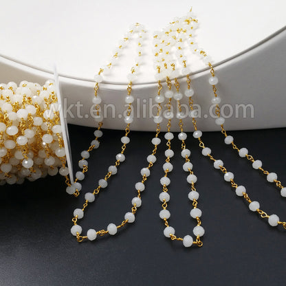 WT-RBC029 New!!! Natural Faceted White Jade Beads With 24k Real Gold Plated Rosary Chain,6mm Jade Link Chain for Jewelry Making