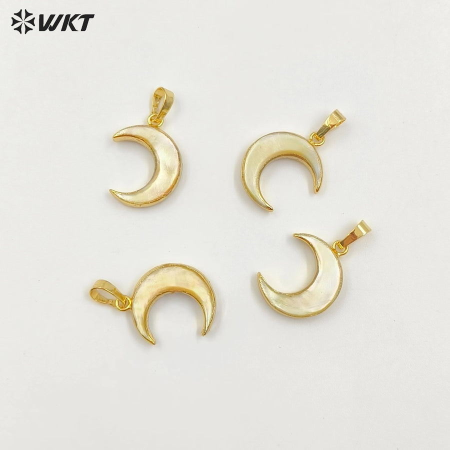 WT-P954 New!!! Natural Yellow Shell Moon Pendant,Wholesale 24k Real Gold Plated Edge Moon Shell Pendant for Women