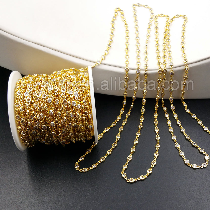 WT-BC081 Wholesale 24k Real Gold Electroplated Brass Chain With Zircon Bead Charm Brass Chain for Jewelry Supply