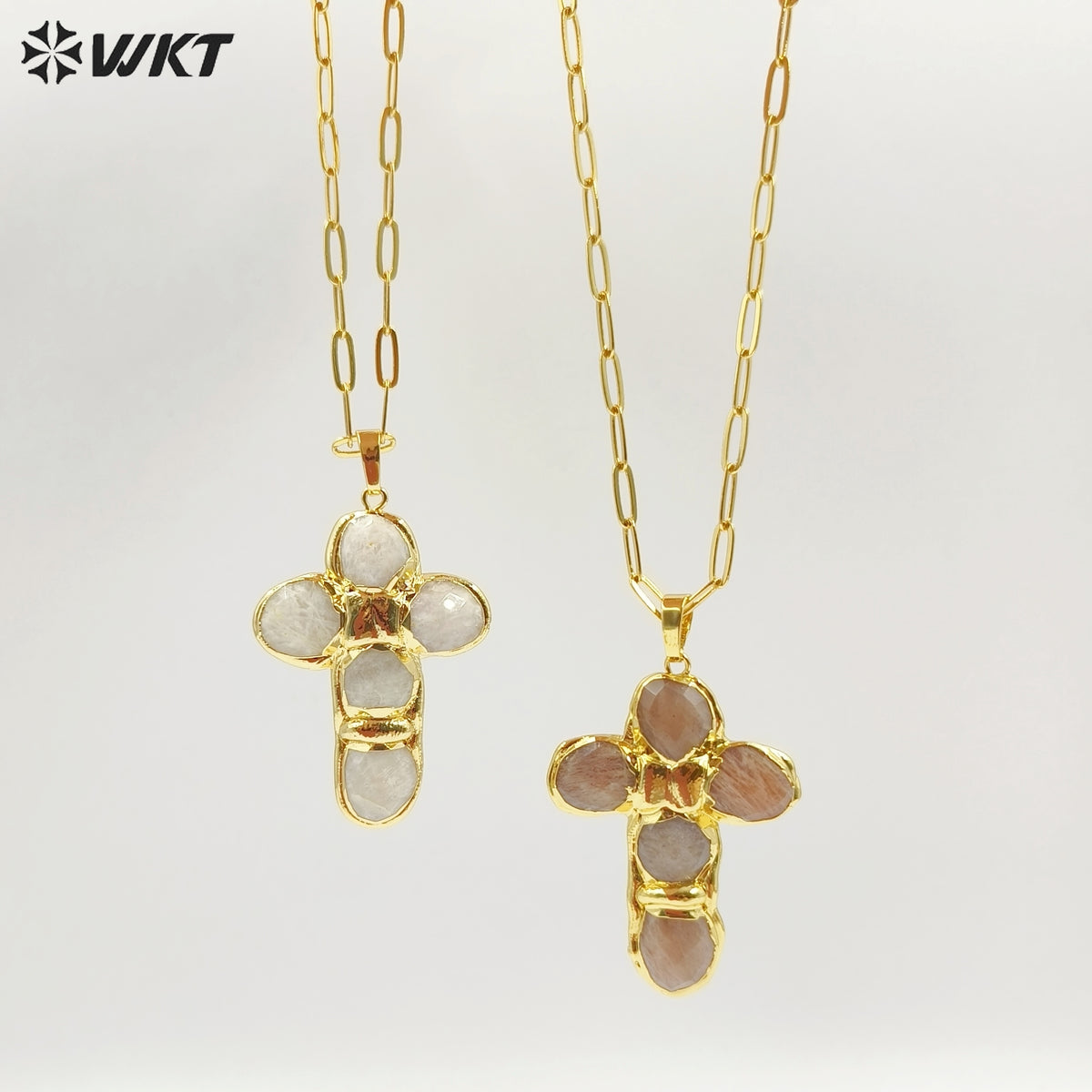 WT-N1543 Factory Wholesale High Quality 18K Gold Plated Natural Gemstone Cross Shape Pendant Necklaces As Women Trendy Jewelry
