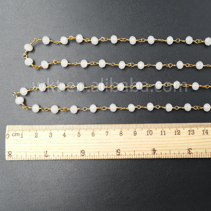 WT-RBC029 New!!! Natural Faceted White Jade Beads With 24k Real Gold Plated Rosary Chain,6mm Jade Link Chain for Jewelry Making