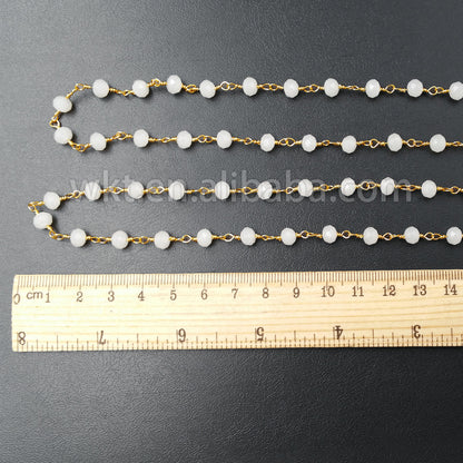 WT-RBC029 New!!! Natural Faceted White Jade Beads With 24k Real Gold Plated Rosary Chain,6mm Jade Link Chain for Jewelry Making