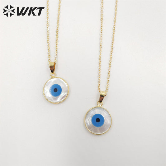 WT-N535 Beautiful Tiny Eye Charm Necklace Fashion Gold Round Natural MOP Eye Shell Charm Necklace Eye Necklace