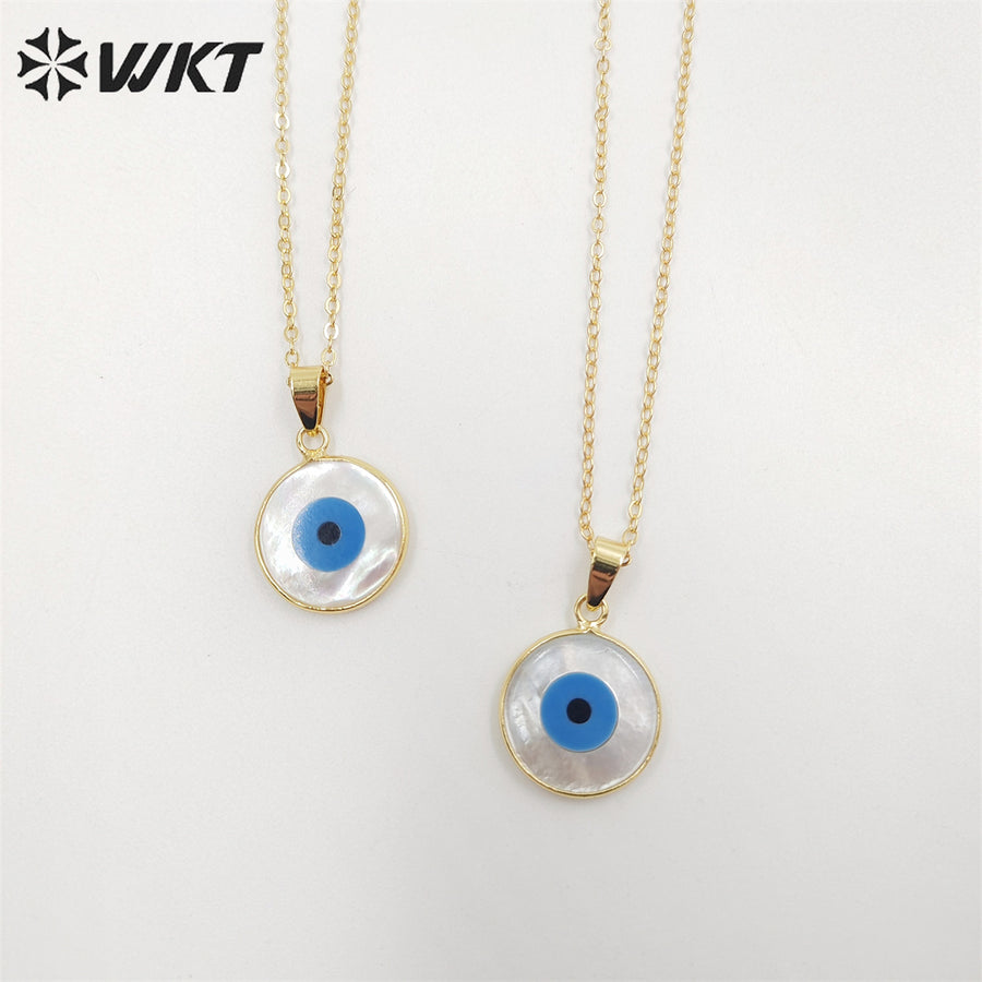 WT-N535 Beautiful Tiny Eye Charm Necklace Fashion Gold Round Natural MOP Eye Shell Charm Necklace Eye Necklace