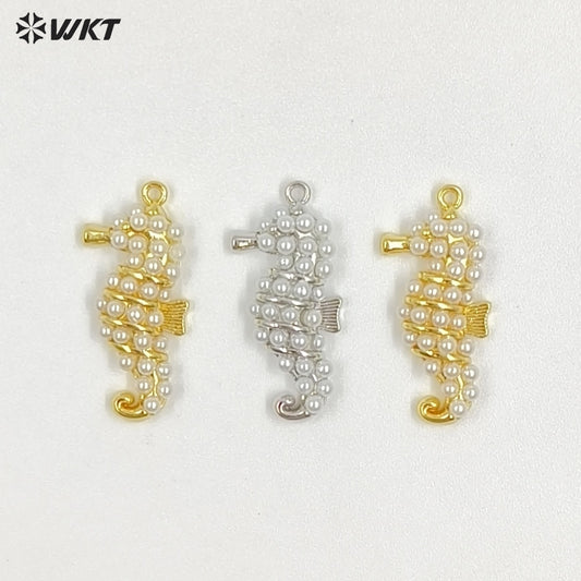 WT-MP316 High Quality Gold And Silver Plated Brass With Artificial Pearl Seahorse Shape Pendant For Women Luxury Jewelry DIY