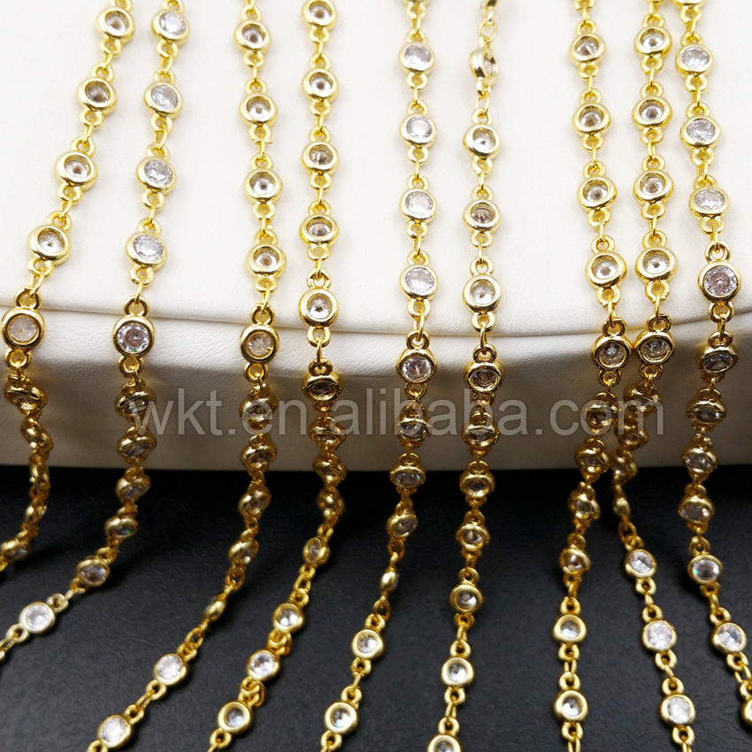 WT-BC081 Wholesale 24k Real Gold Electroplated Brass Chain With Zircon Bead Charm Brass Chain for Jewelry Supply
