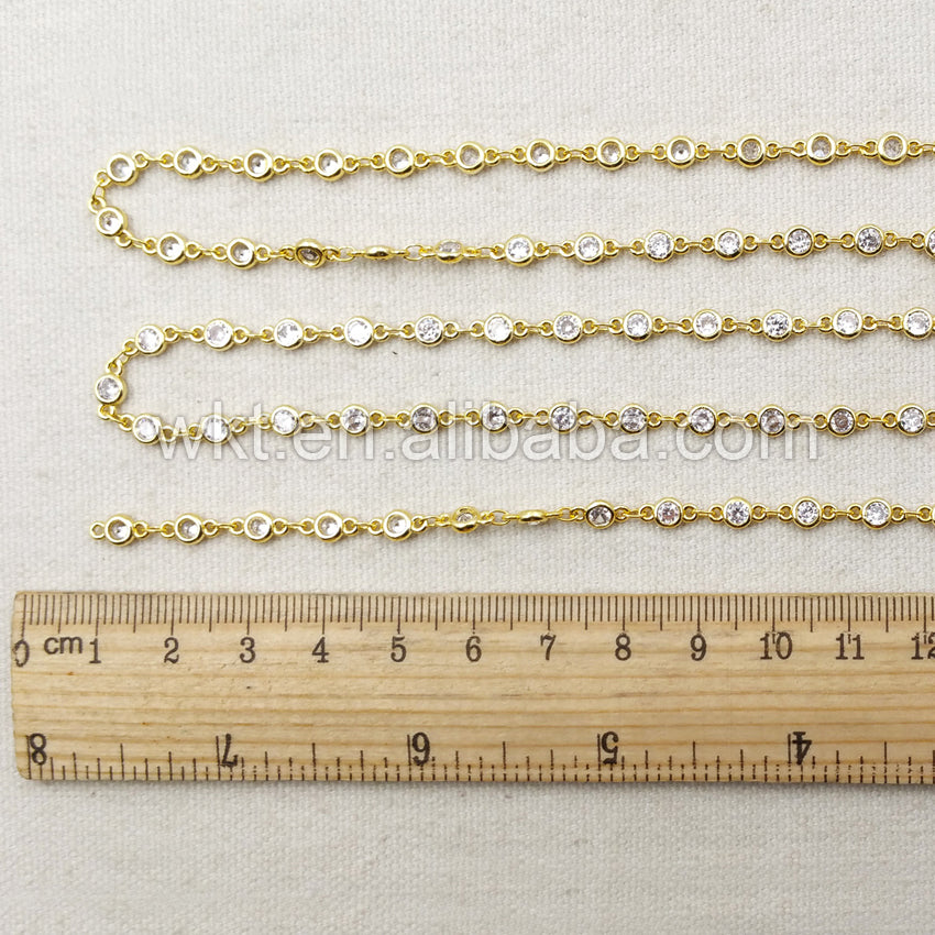 WT-BC081 Wholesale 24k Real Gold Electroplated Brass Chain With Zircon Bead Charm Brass Chain for Jewelry Supply